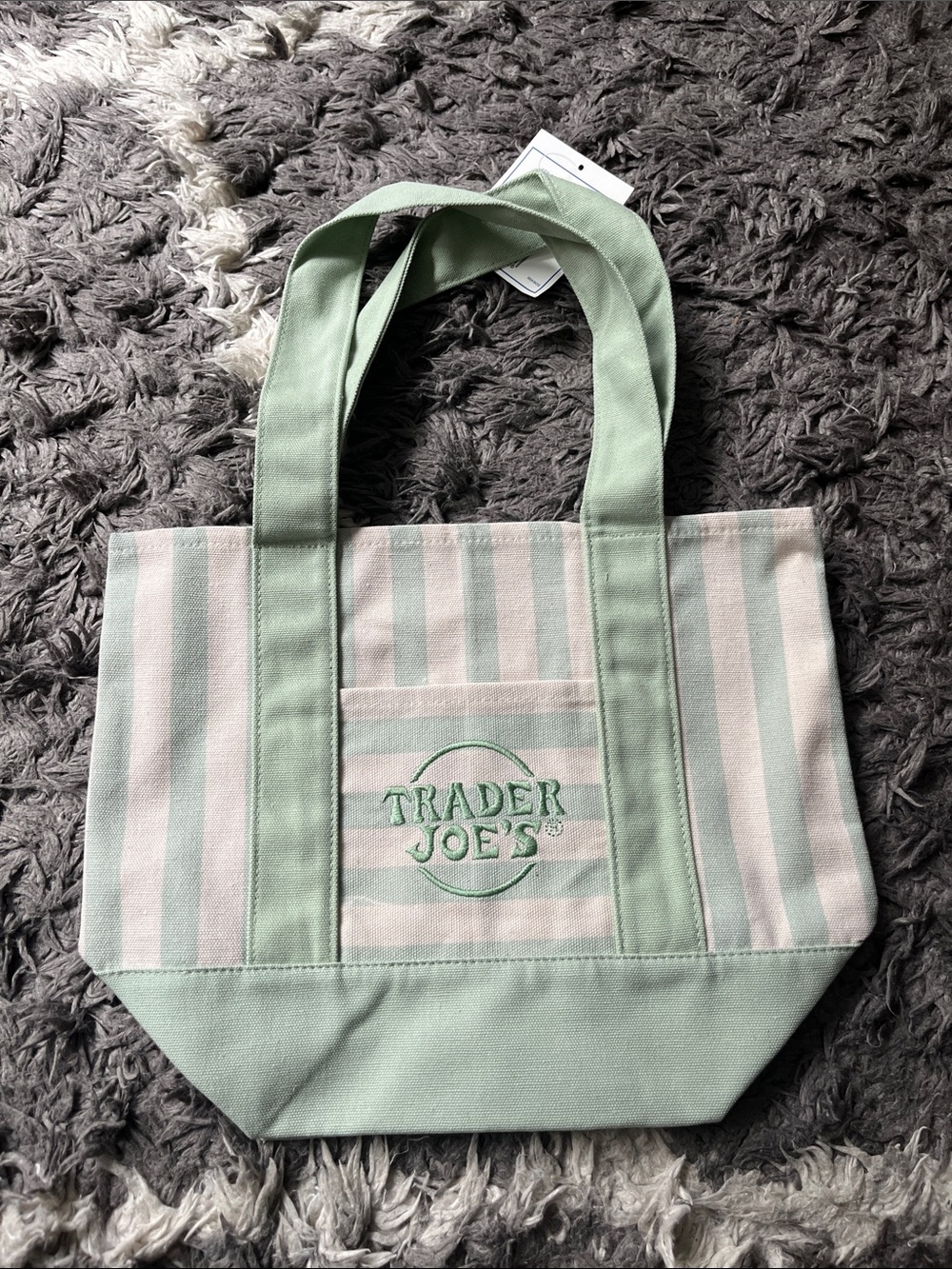 Trader Joe’s striped mini canvas tote. Mint. Green. New with tags.